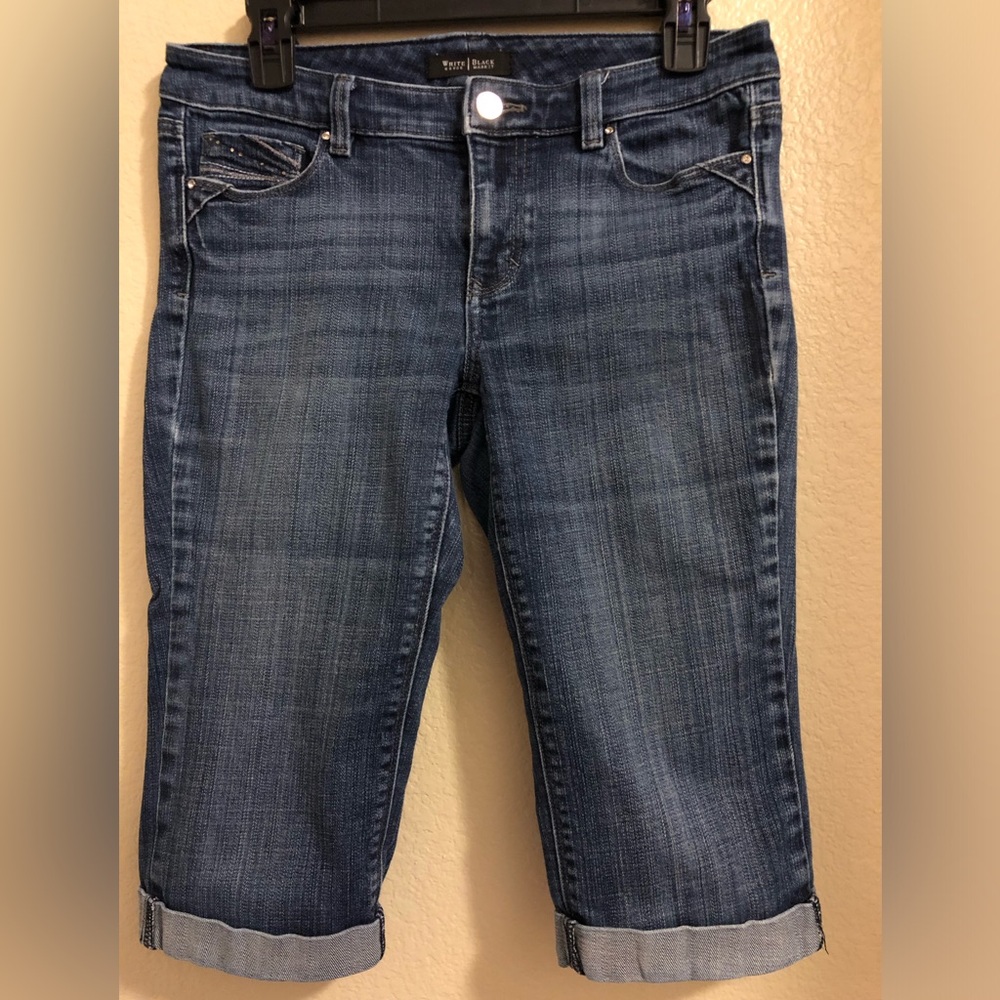 White House Black Market Blue Bermuda Style Denim Jeans Sz 4 Embellished Pockets